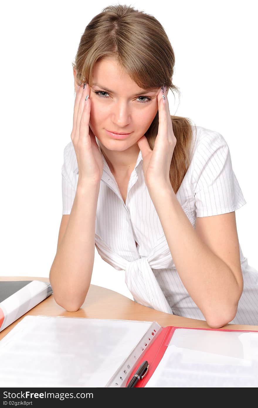 Business woman with strong headache isolated on white background. Business woman with strong headache isolated on white background