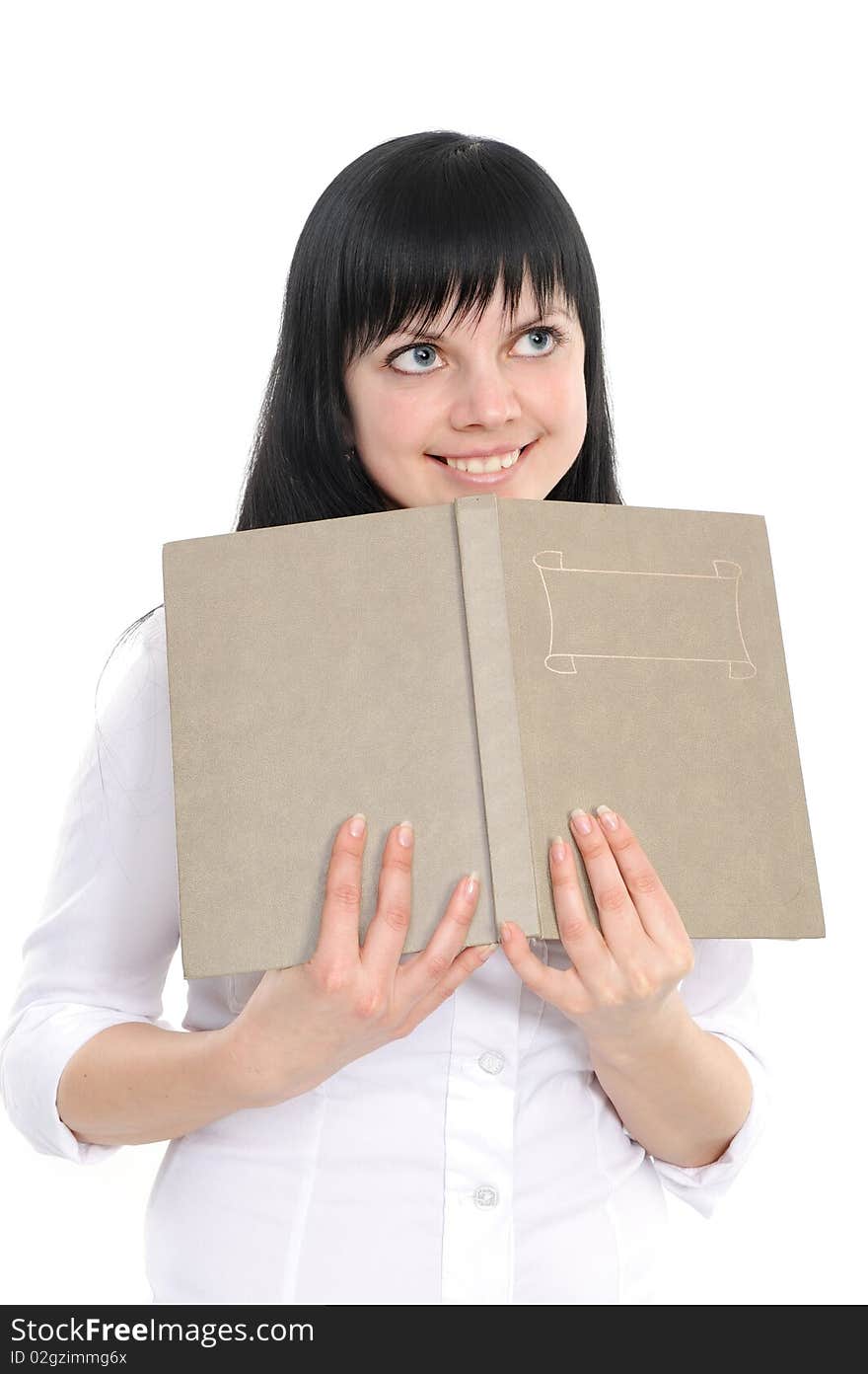 Dreaming woman with the book in hands, on a white background. Dreaming woman with the book in hands, on a white background