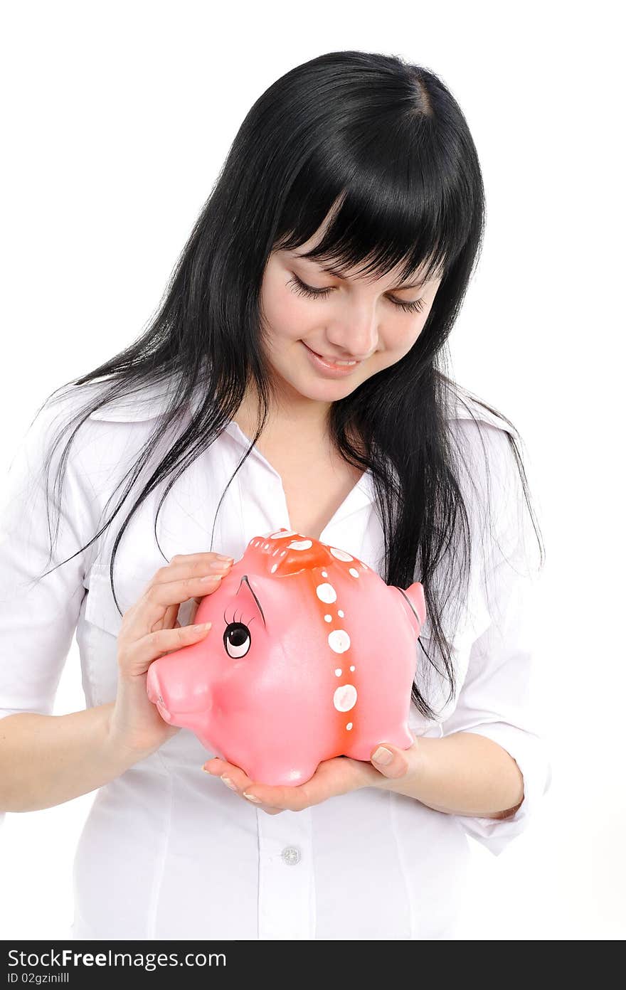 Young beautiful woman standing with piggy bank (money box), isolated on white background. Young beautiful woman standing with piggy bank (money box), isolated on white background