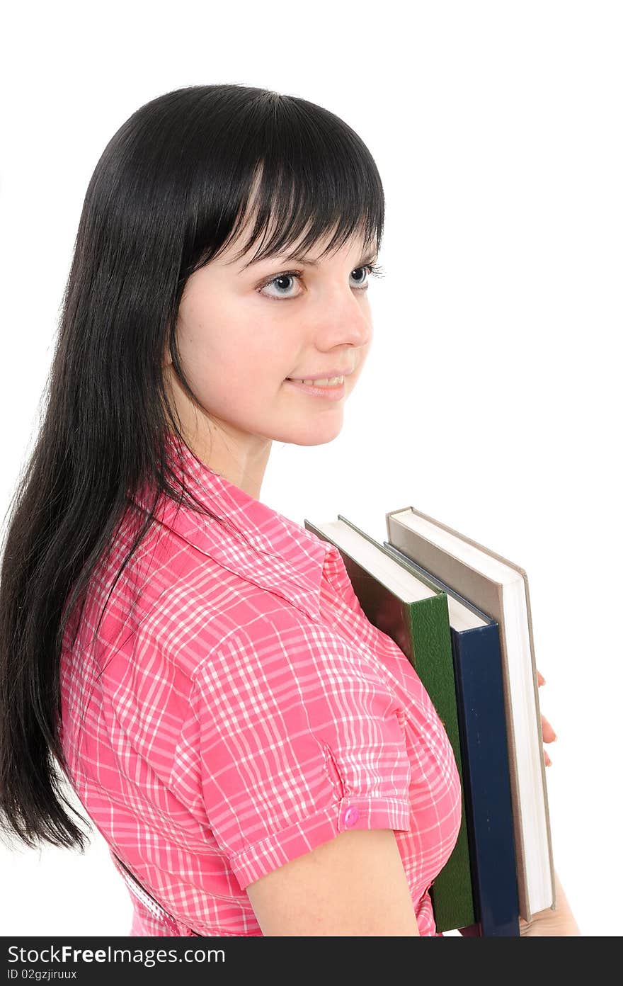 Young girl with long hair and book on a white background. Young girl with long hair and book on a white background