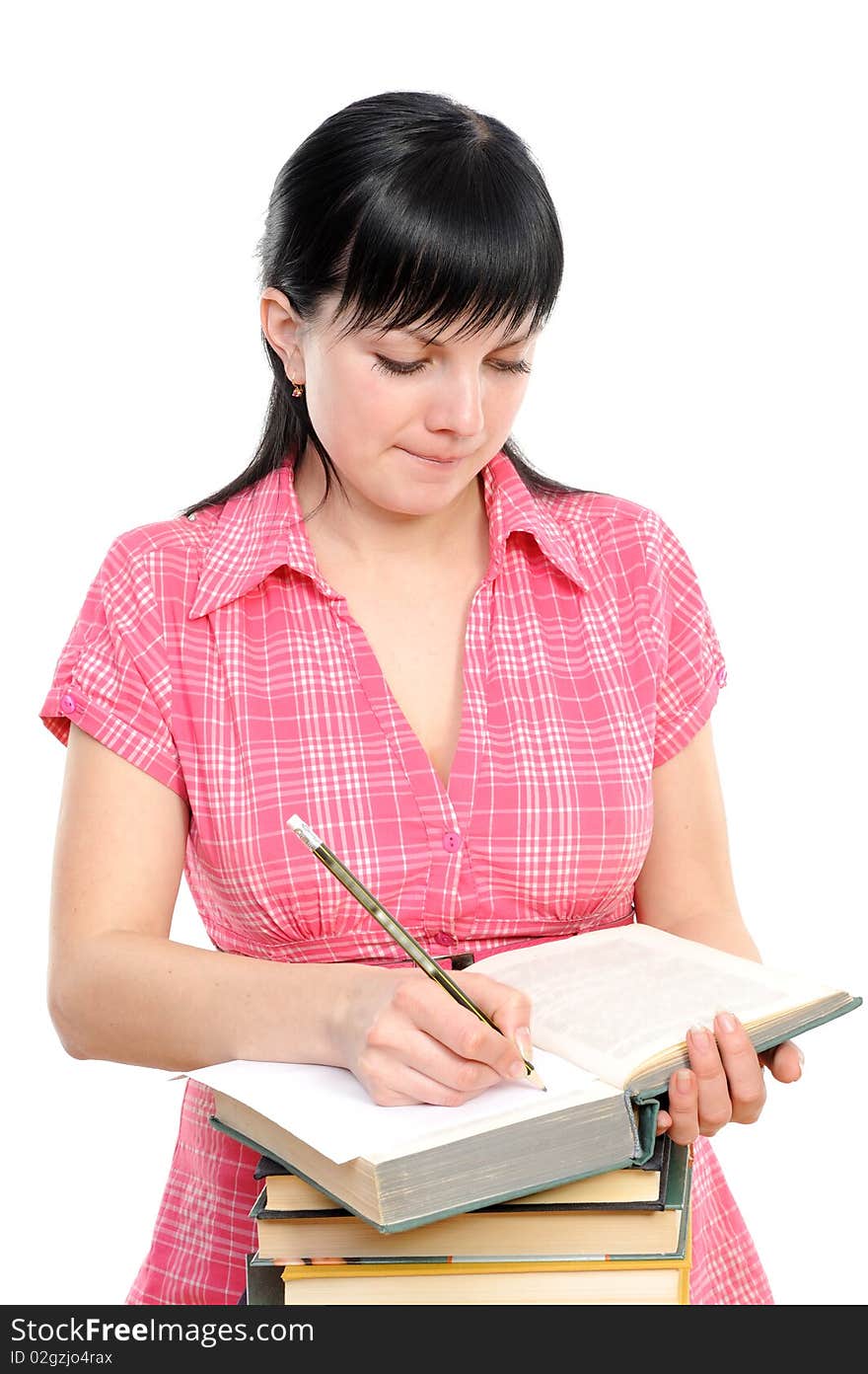 Young girl with long hair and book on a white background. Young girl with long hair and book on a white background