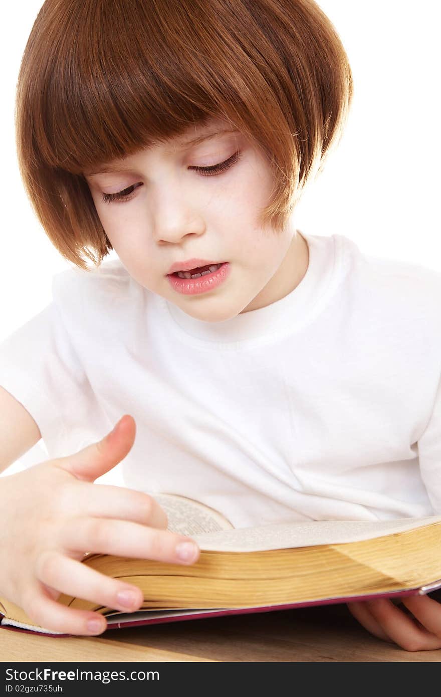 Little girl reading over white