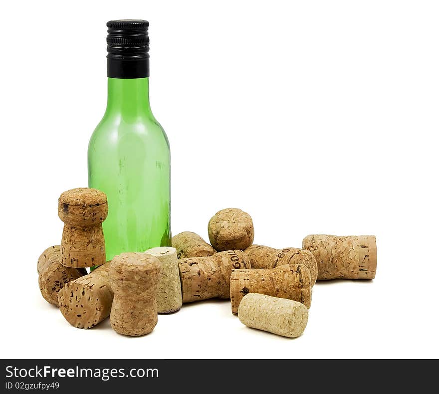 Several corks with bottles on a white background. Several corks with bottles on a white background