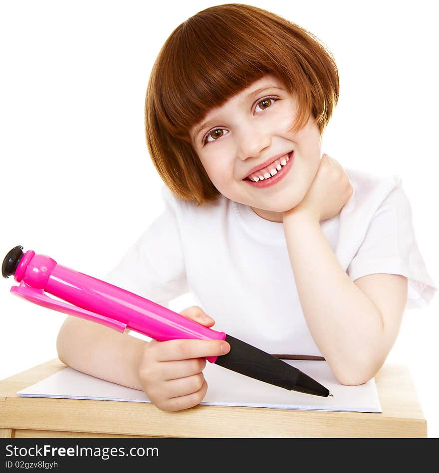 Little girl writing over white