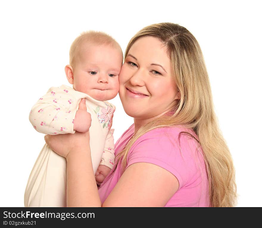 Young mother with baby isolated on white. Young mother with baby isolated on white