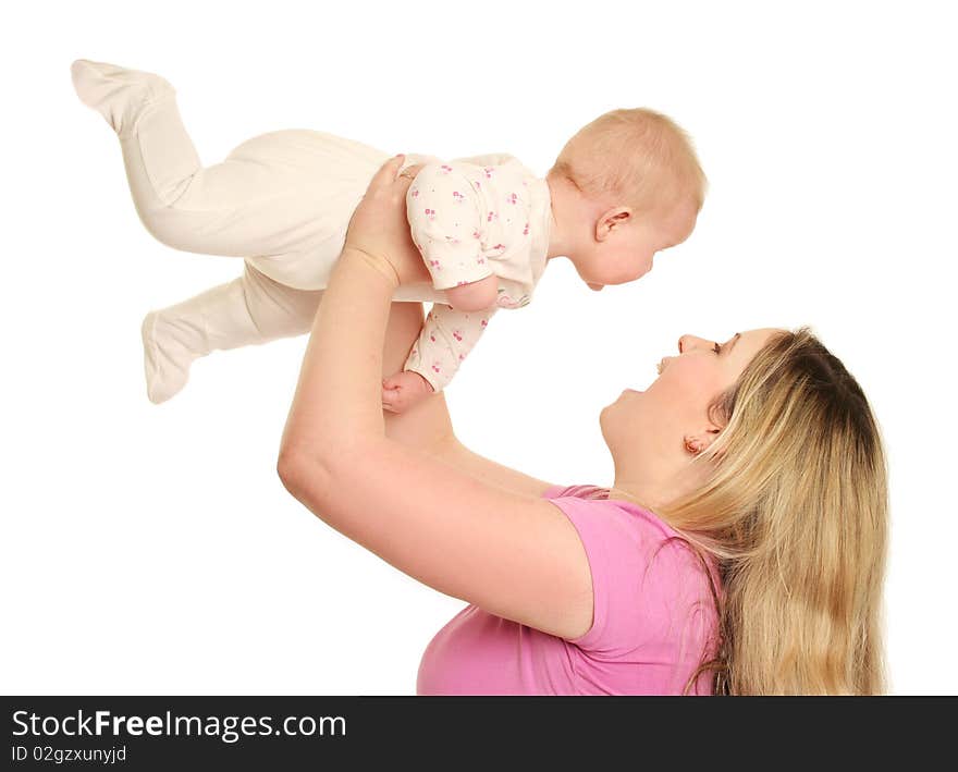 Young mother with baby isolated on white. Young mother with baby isolated on white