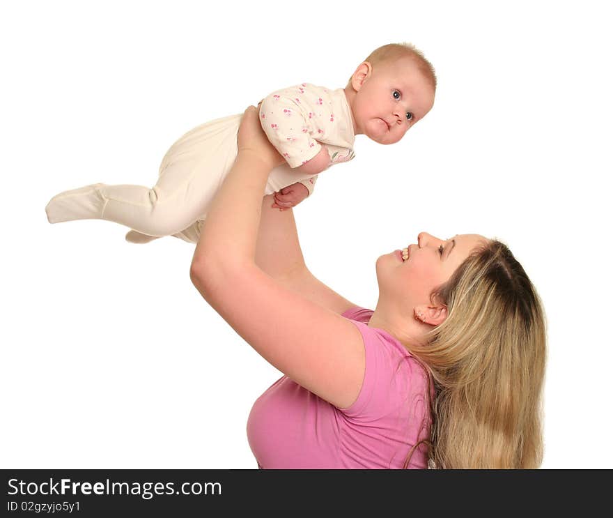 Young mother with baby isolated on white. Young mother with baby isolated on white