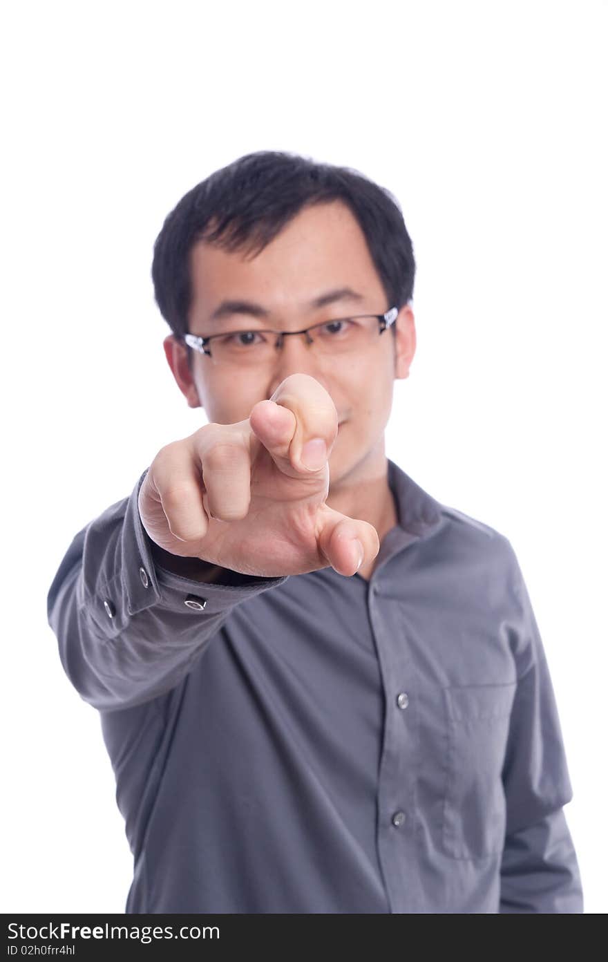 Young asian male model with hand gesture in business shirt