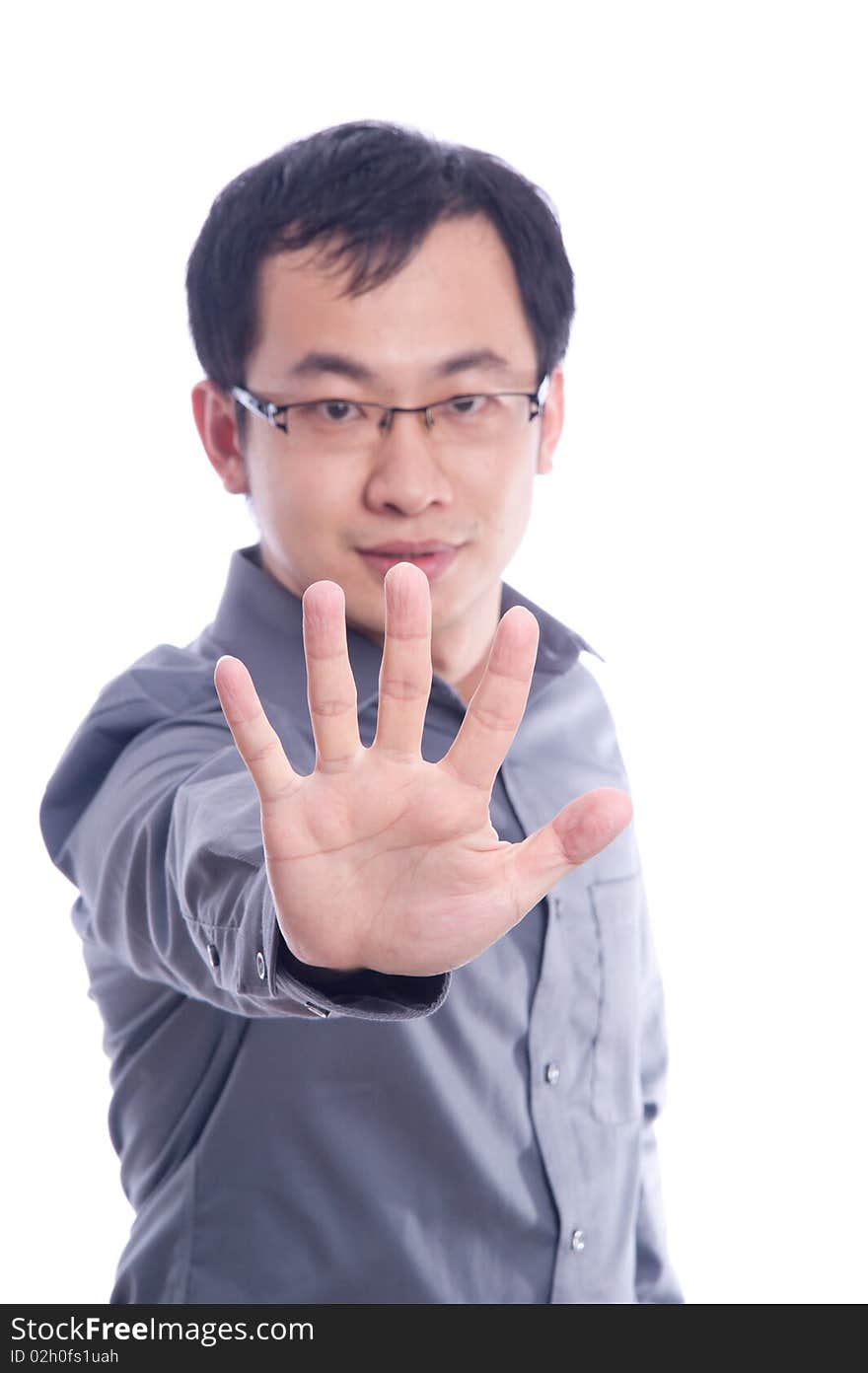 Young asian male model with hand gesture in business shirt