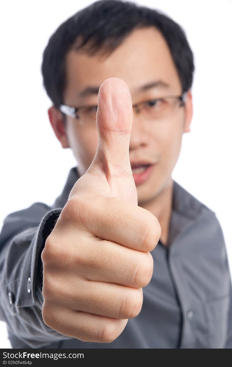 Young asian male model with hand gesture in business shirt