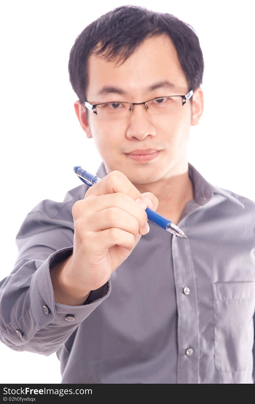 Young asian male model with hand gesture in business shirt