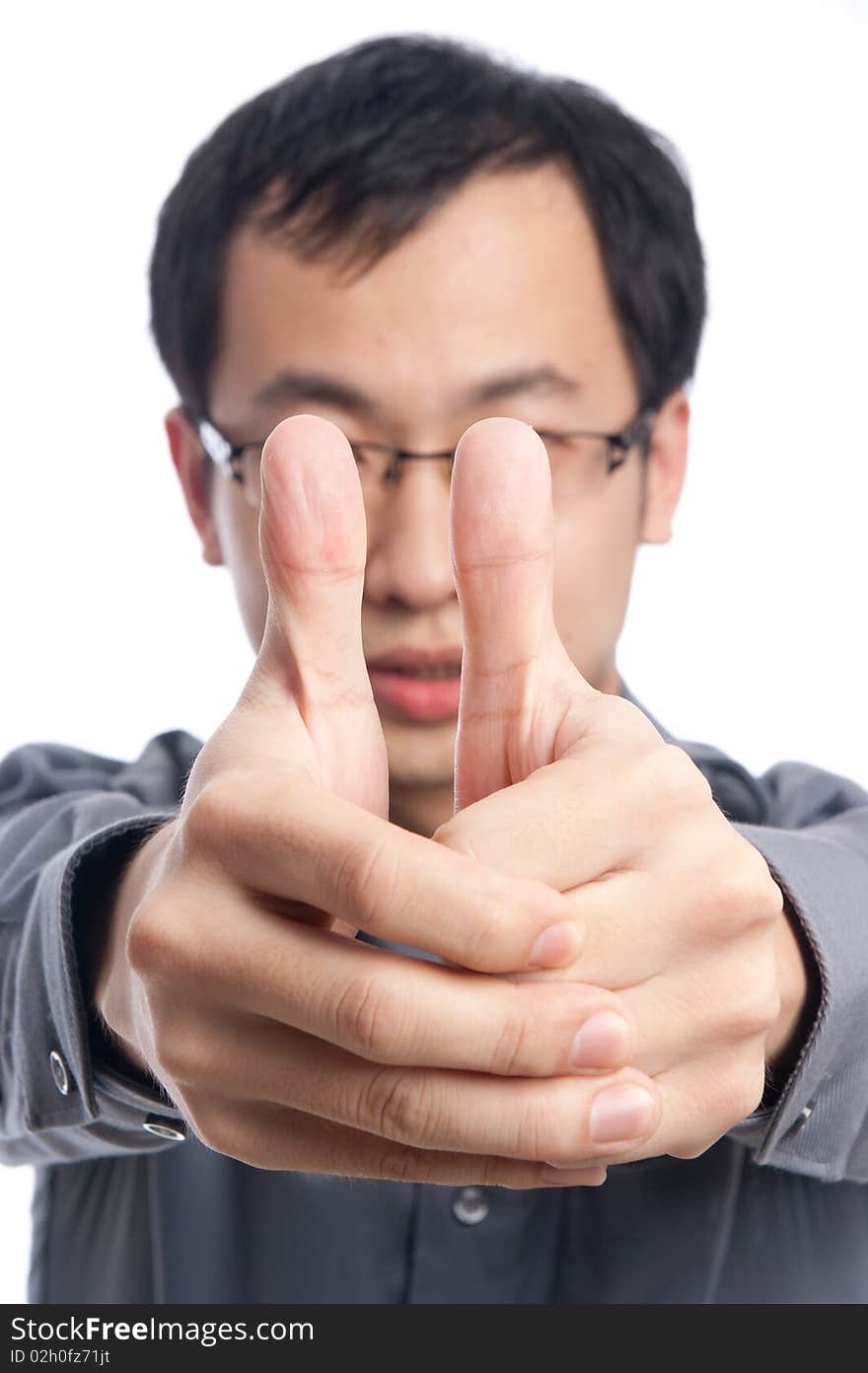 Young asian male model with hand gesture in business shirt