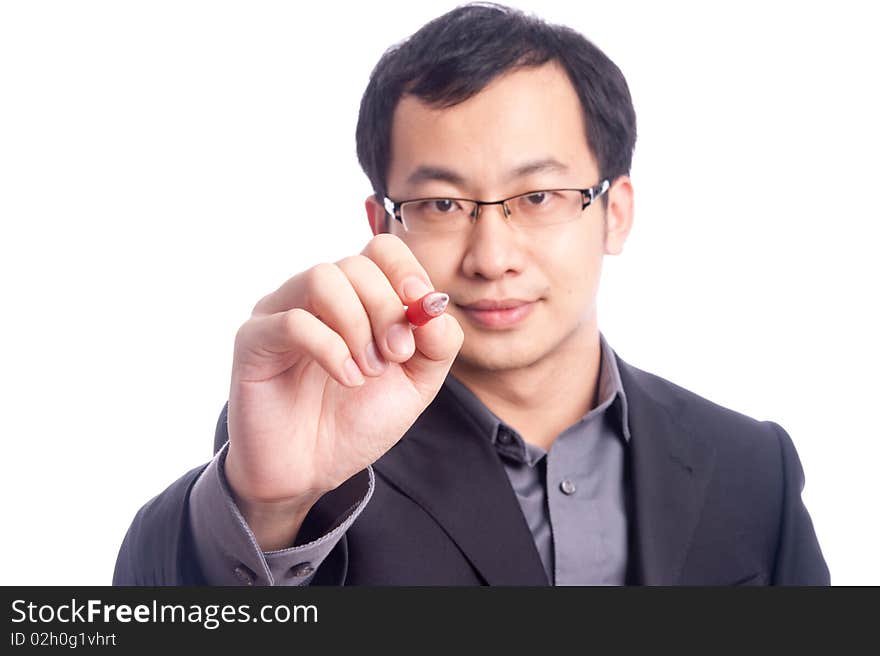 Young asian male model with hand gesture in business shirt