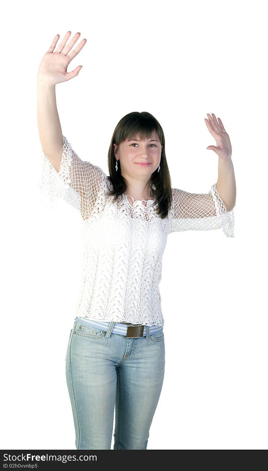 Teenage girl greeting on a white background. Teenage girl greeting on a white background