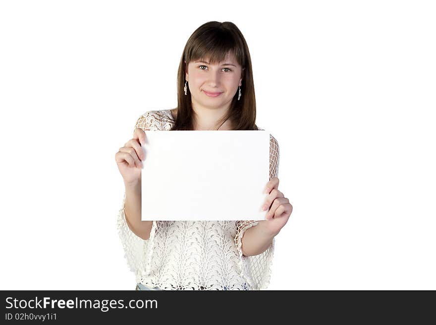 Teenage girl holding a paper on a white background. Teenage girl holding a paper on a white background