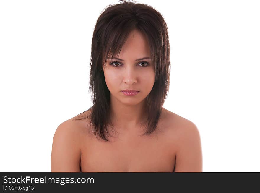 Portrait of beautiful girl with unhappy emotion on her face isolated white background. Portrait of beautiful girl with unhappy emotion on her face isolated white background