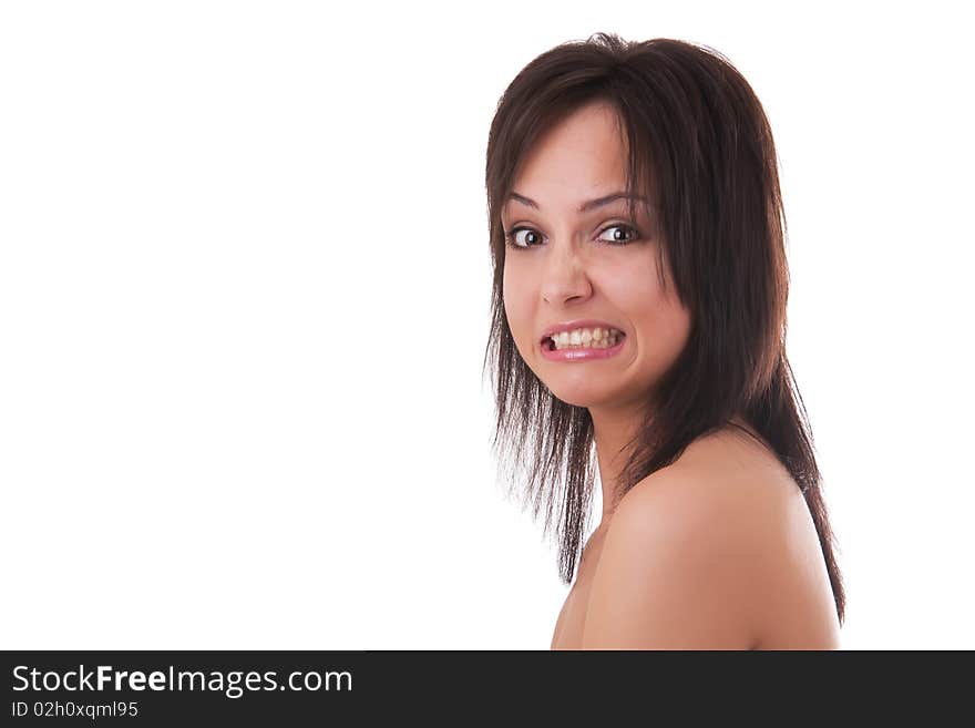 Close up portrait of a beautiful woman with sad emotion on her face, on a white background;