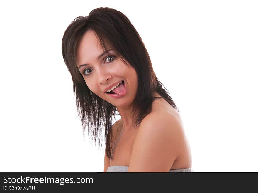 Close up portrait of a beautiful woman with sad emotion on her face, on a white background;