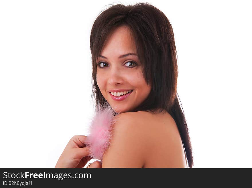 Close up portrait of a beautiful woman with smile and rose pooh in her hands, on a white background;