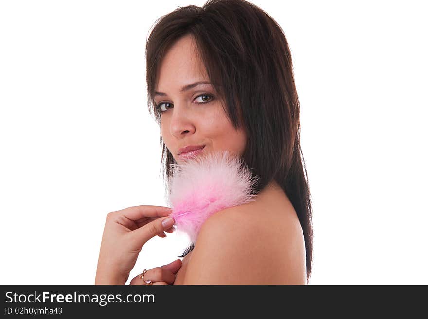 Close up portrait of a beautiful woman with smile and rose pooh in her hands, on a white background;