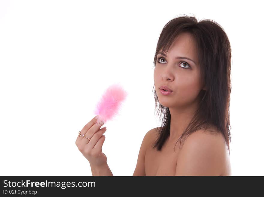 Close up portrait of a beautiful woman rose pooh in her hands, on a white background;