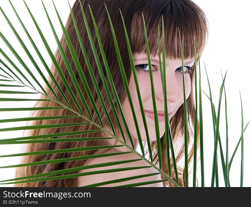 Pretty face of woman hiding behind the big green palm leaf