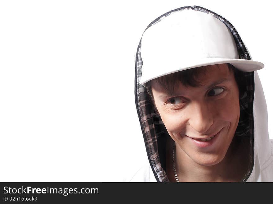 Closeup young man, touch his head (isolated)