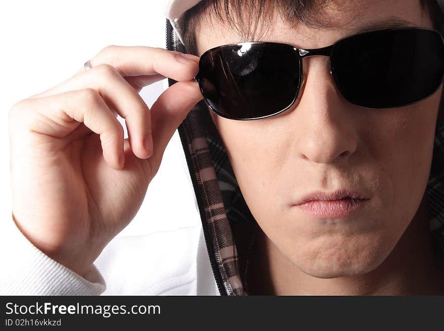 Closeup man In sunglasses on white baciground (isolated)