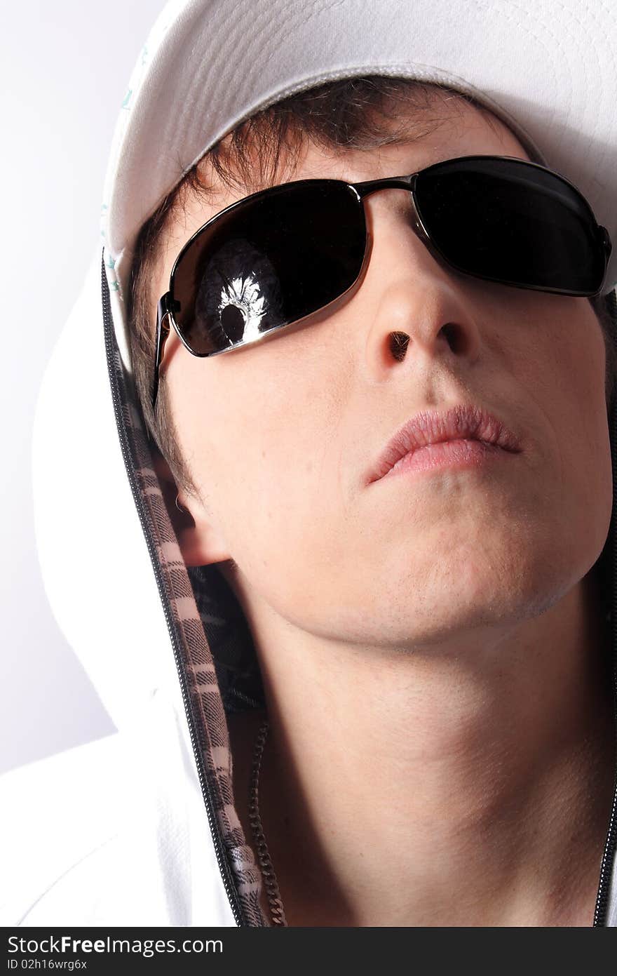 Closeup man In sunglasses on white baciground (isolated)