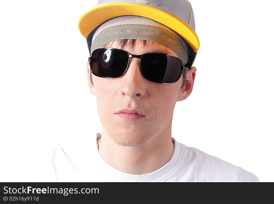 Closeup man In sunglasses on white baciground (isolated)