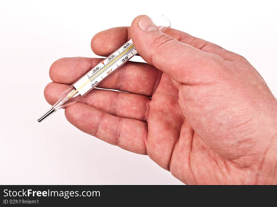 Hand with thermometer on white