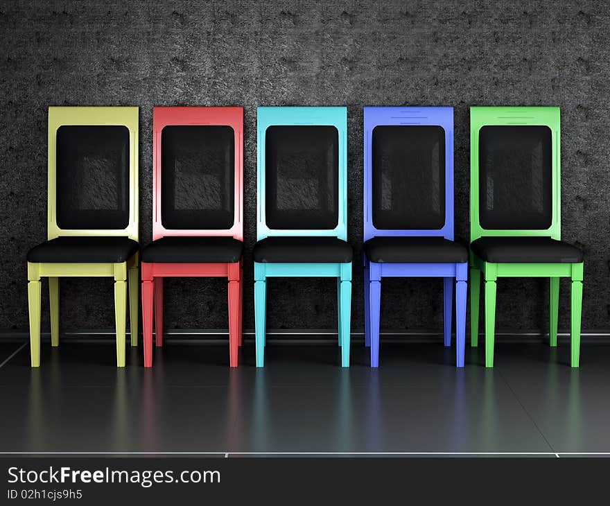 Five chairs in the dark room, 3d rendering