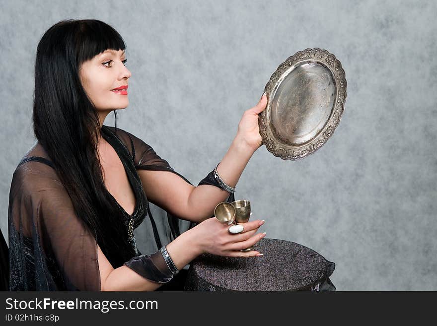 Beautiful Woman   And Silver Wineglass