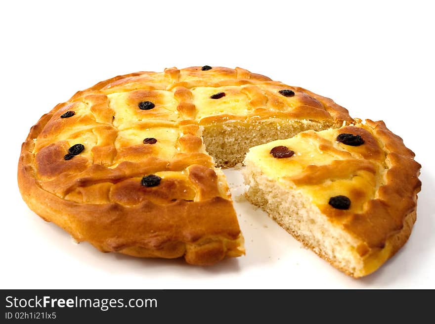 Pie with raisin on a white background