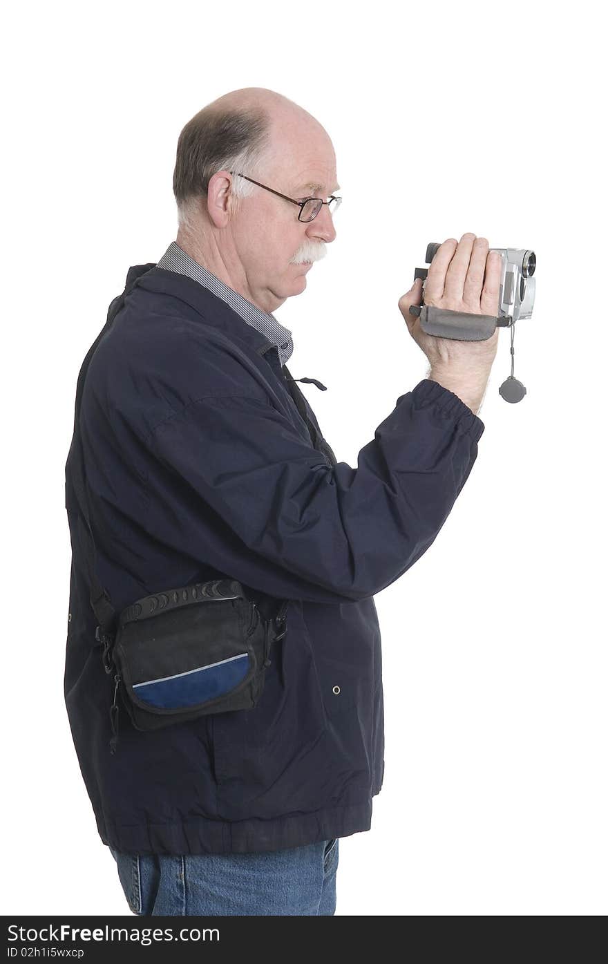 Man is filming isolated on white