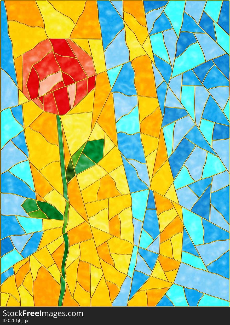 Painted glass. The Red flower. The Illustration.