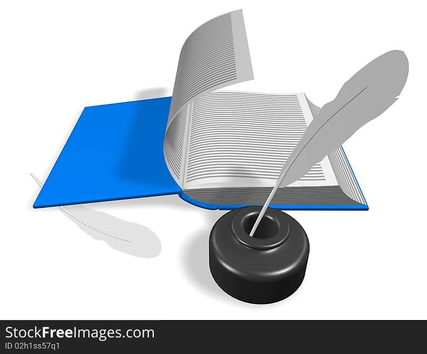 Layout of an open book. With Inkwell and pen. 3d render. Isolated on white. Layout of an open book. With Inkwell and pen. 3d render. Isolated on white.