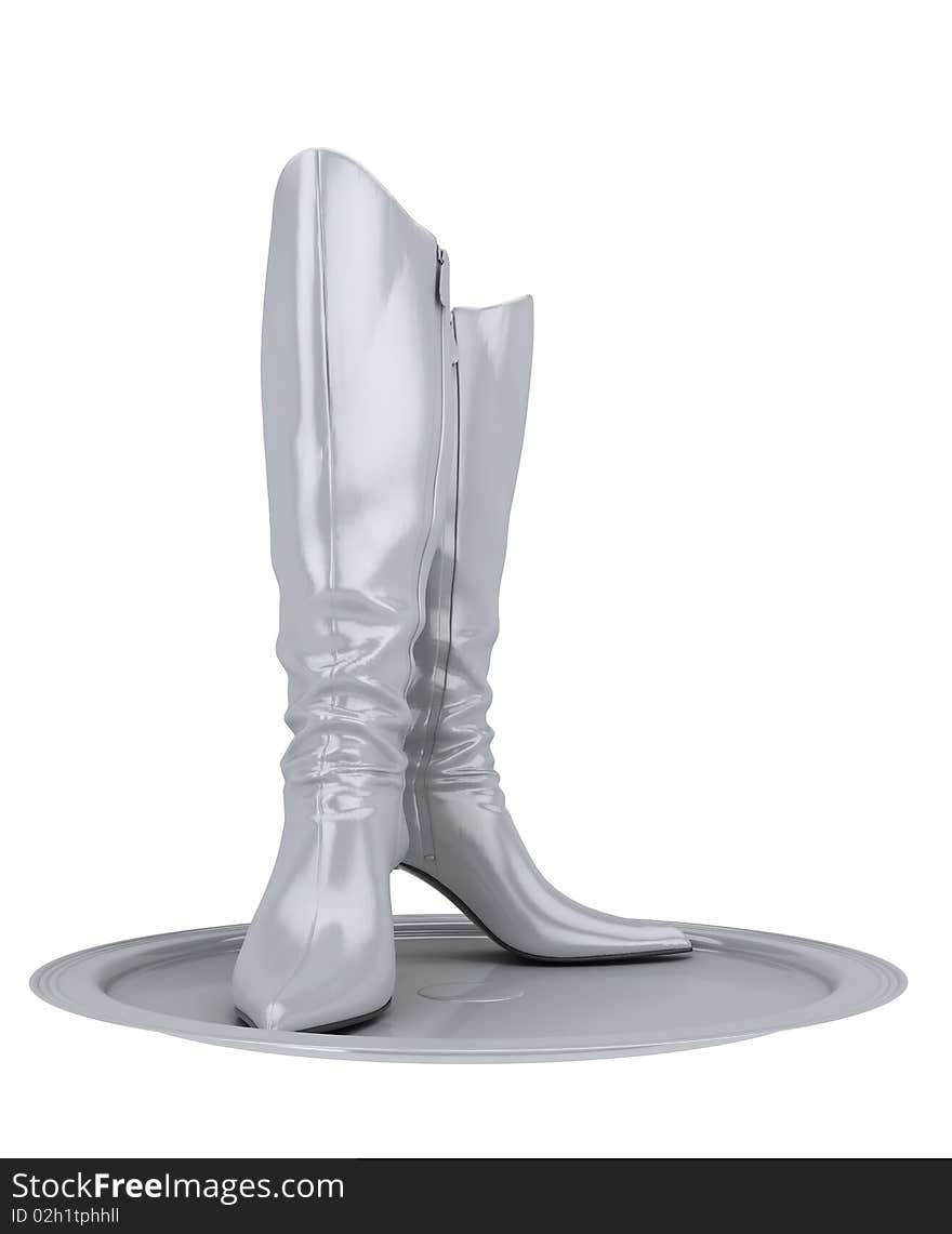 White female's boots on reflect plate isolated on white background