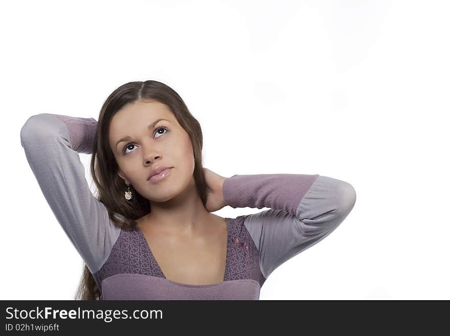 Cut and sensual dreaming girl with lifted hands and relaxing facial expression looking up isolated over white backround. Cut and sensual dreaming girl with lifted hands and relaxing facial expression looking up isolated over white backround