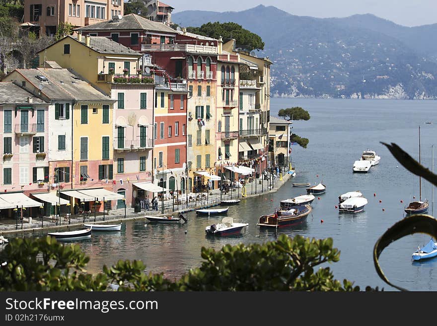 A foreshortened view of Portofino in a spring day. A foreshortened view of Portofino in a spring day.