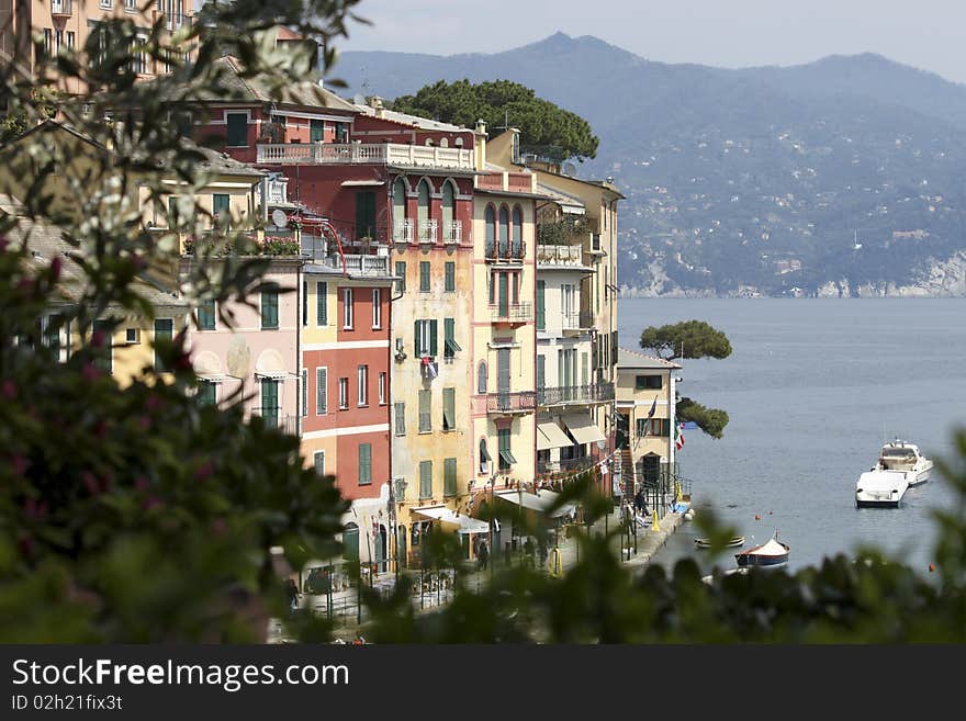 A foreshortened view of Portofino in a spring day. A foreshortened view of Portofino in a spring day.