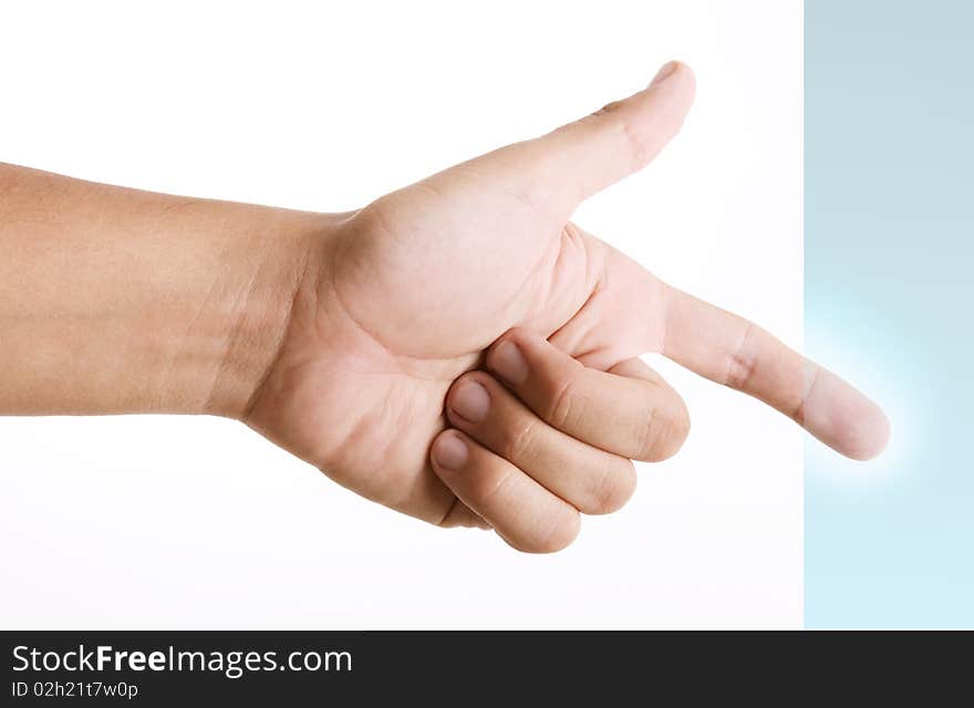 Hand pressing blue button, Technology concept. white background