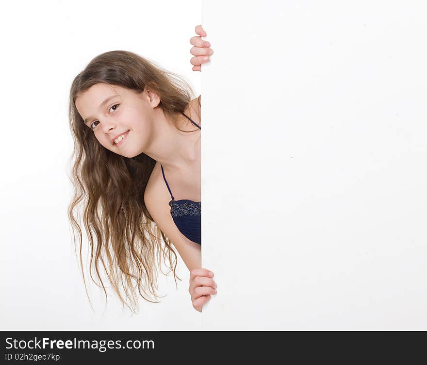 Girl with sheet of paper on white