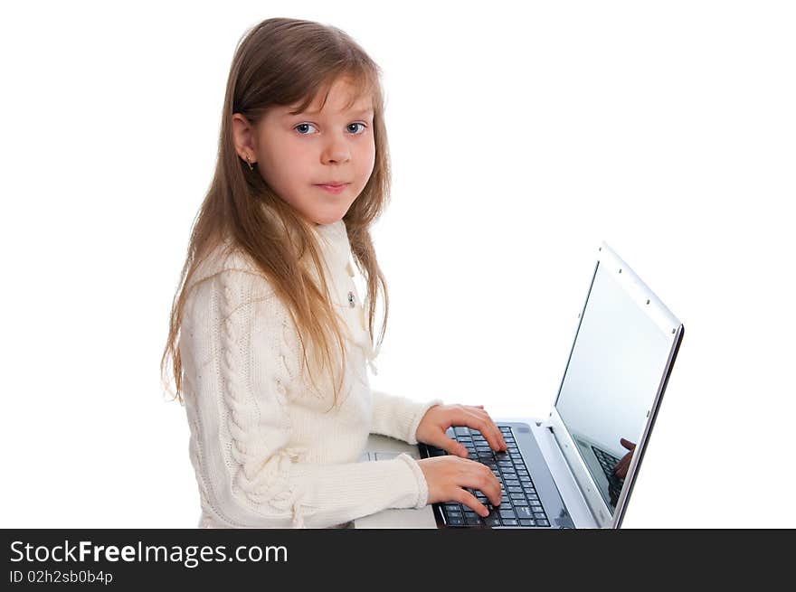 The little girl with the notebook on white