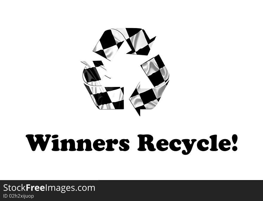A F1 flag with checkered pattern in the shape of the recycling symbol. Text winners recycle! below symbol
