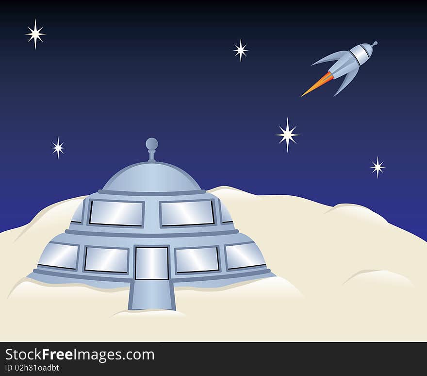 A space age house on the moon and a rocket ship flying through space. A space age house on the moon and a rocket ship flying through space.