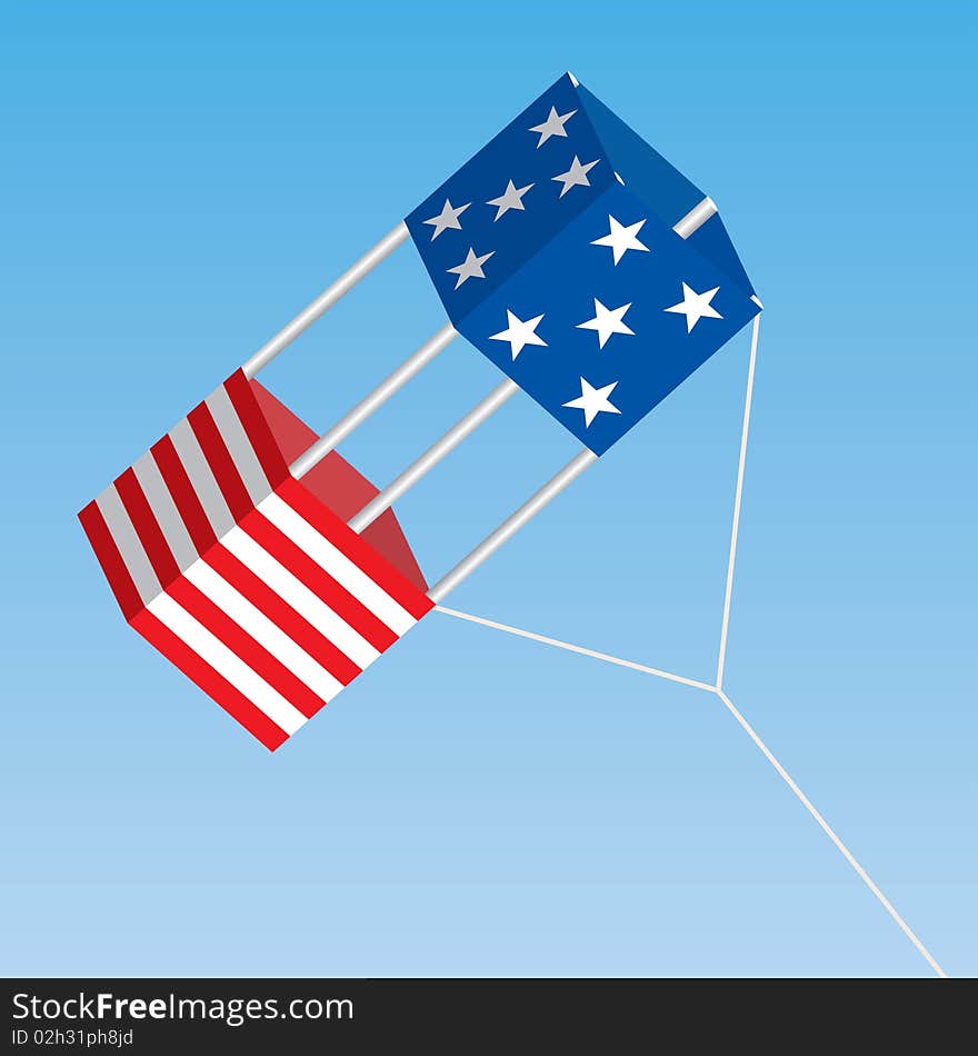 An American patriotic box kite. It features the stars and stripes.