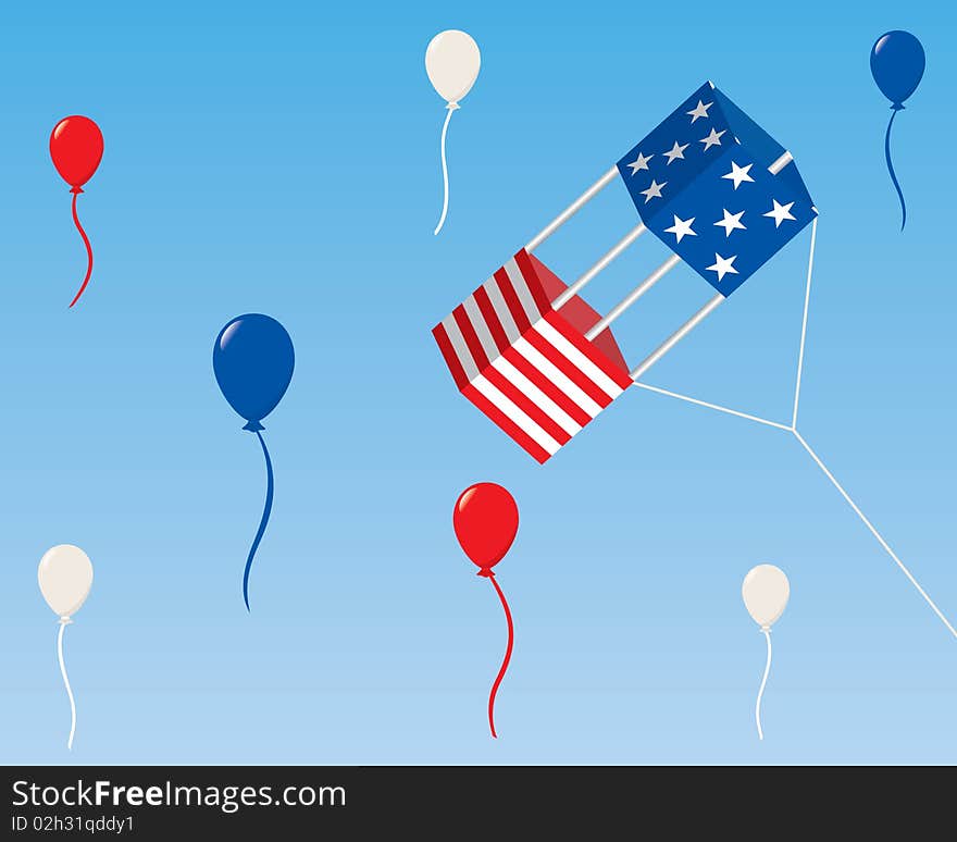 American stars and stripes box kite with red, white, and blue balloons. American stars and stripes box kite with red, white, and blue balloons.