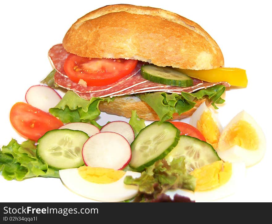 Sandwich with pepperoni and Cheese on white background