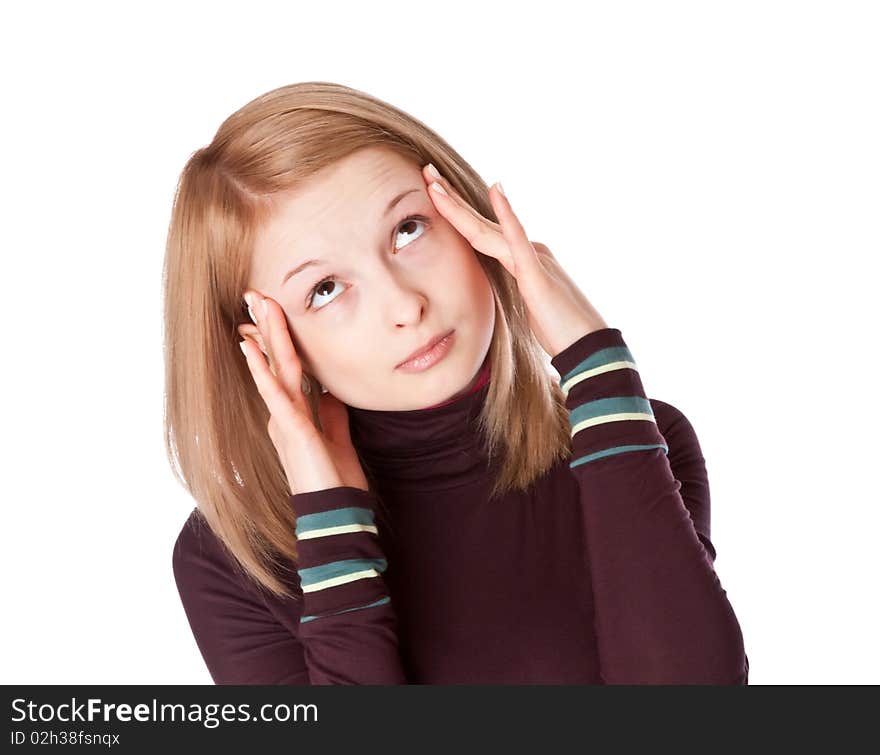 Young woman with headache. Isolated on white